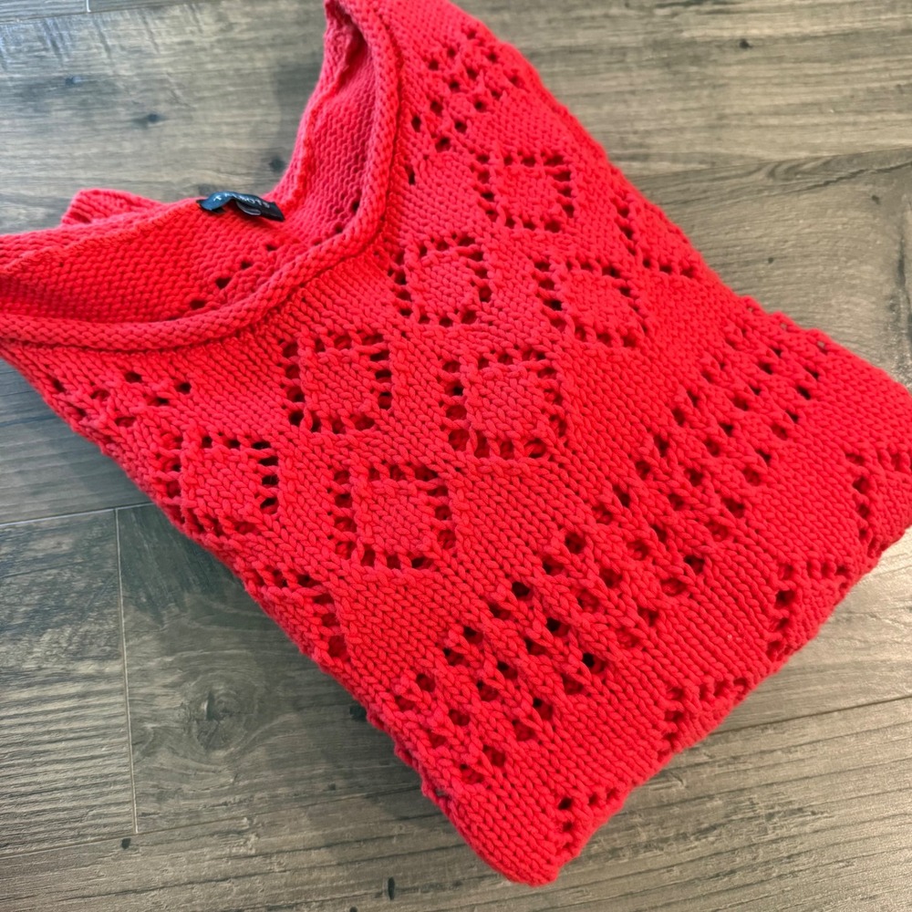 Talbots Red Pointelle Knit Sweater Womens Medium Diamond Open Knit Pullover
